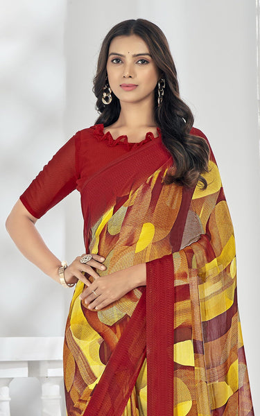 Digital Print, Geometric Print, Graphic Print Bollywood Chiffon, Georgette Saree (Red)