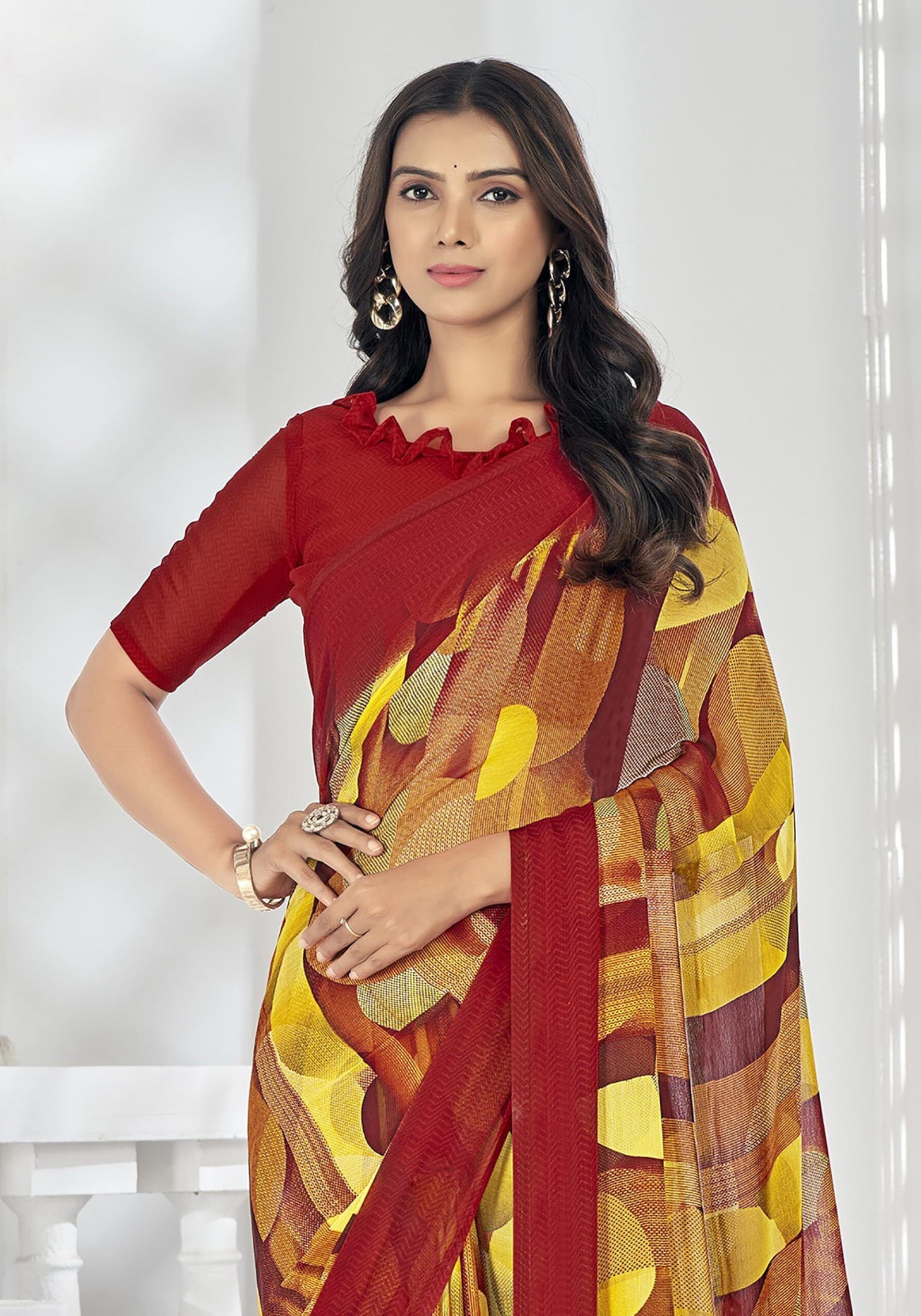 Geometric Print, Graphic Print Bollywood Chiffon Georgette Saree (Red & Yellow)