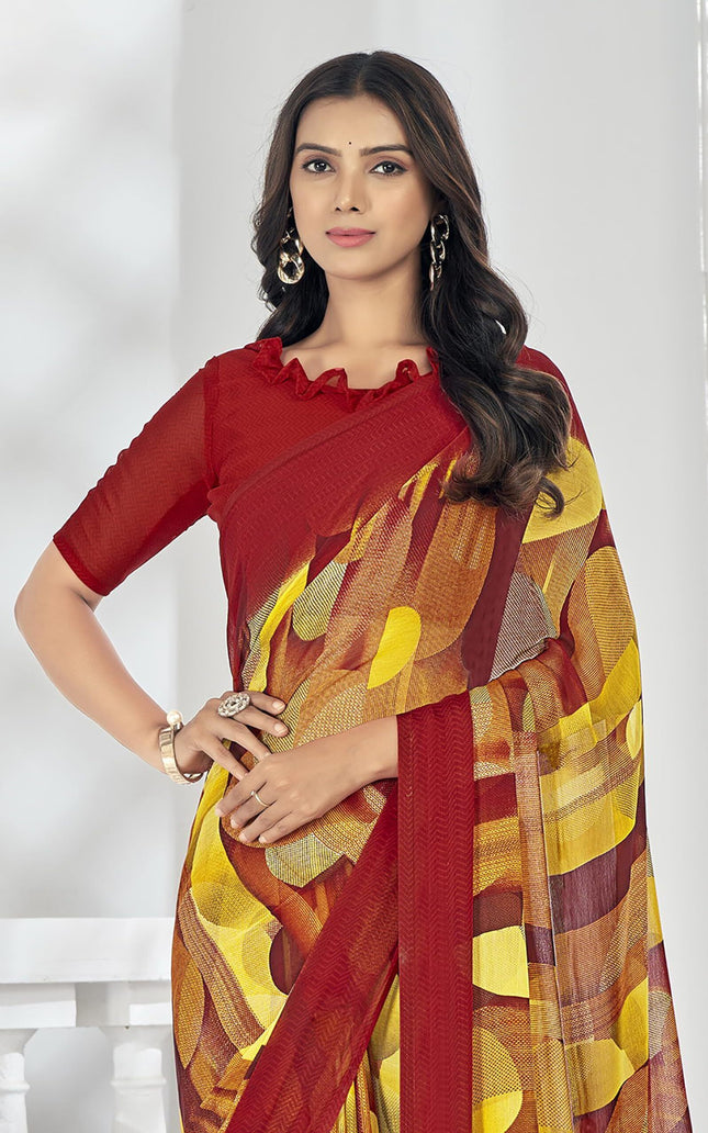 Digital Print, Geometric Print, Graphic Print Chanderi Chiffon, Georgette Saree (Red, Yellow)