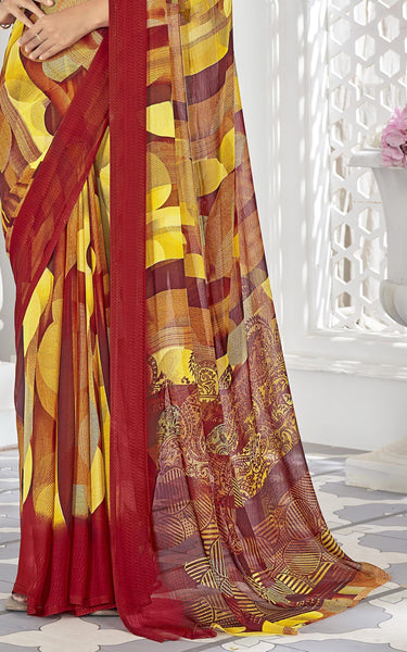 Digital Print, Geometric Print, Graphic Print Bollywood Chiffon, Georgette Saree (Red)