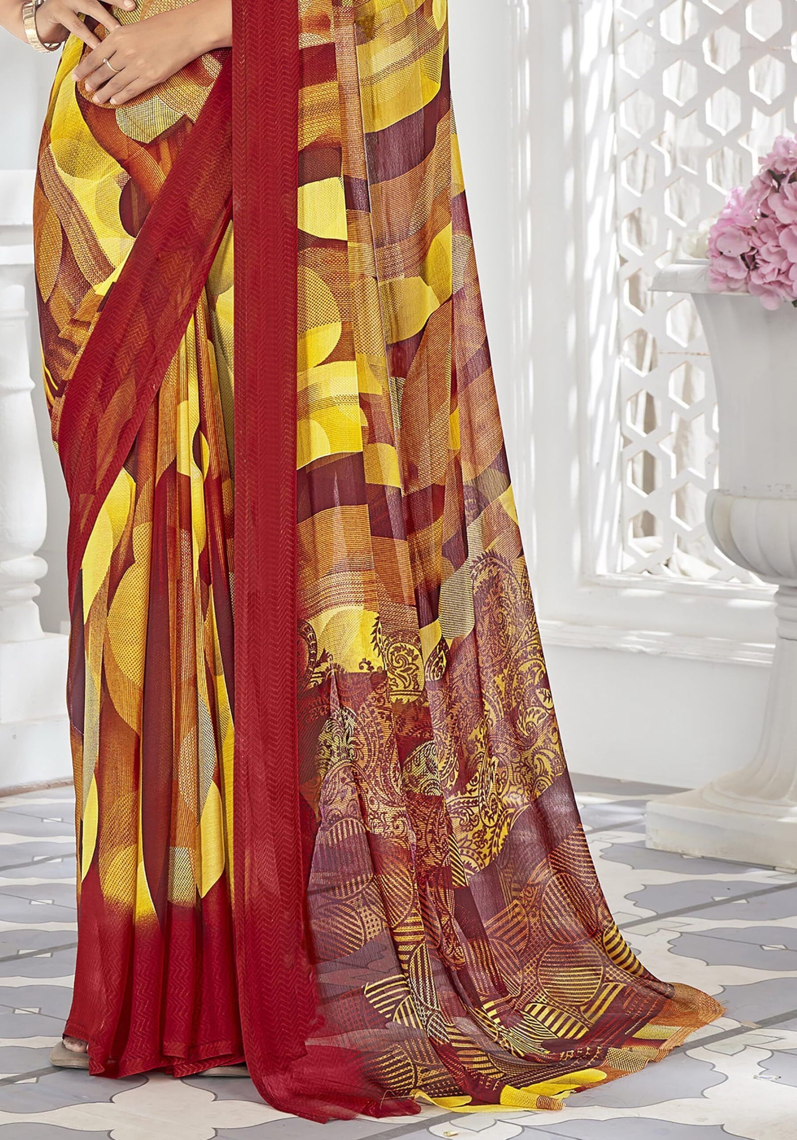 Geometric Print, Graphic Print Bollywood Chiffon Georgette Saree (Red & Yellow)