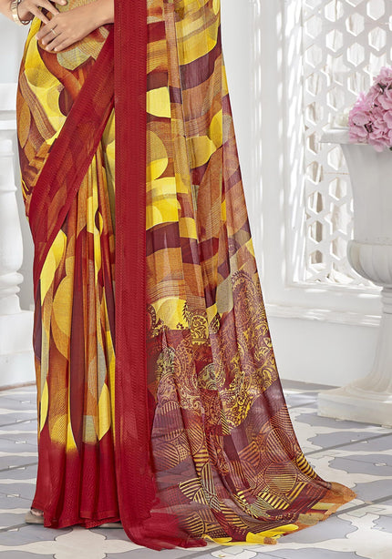 Digital Print, Geometric Print, Graphic Print Bollywood Chiffon, Georgette Saree (Red)