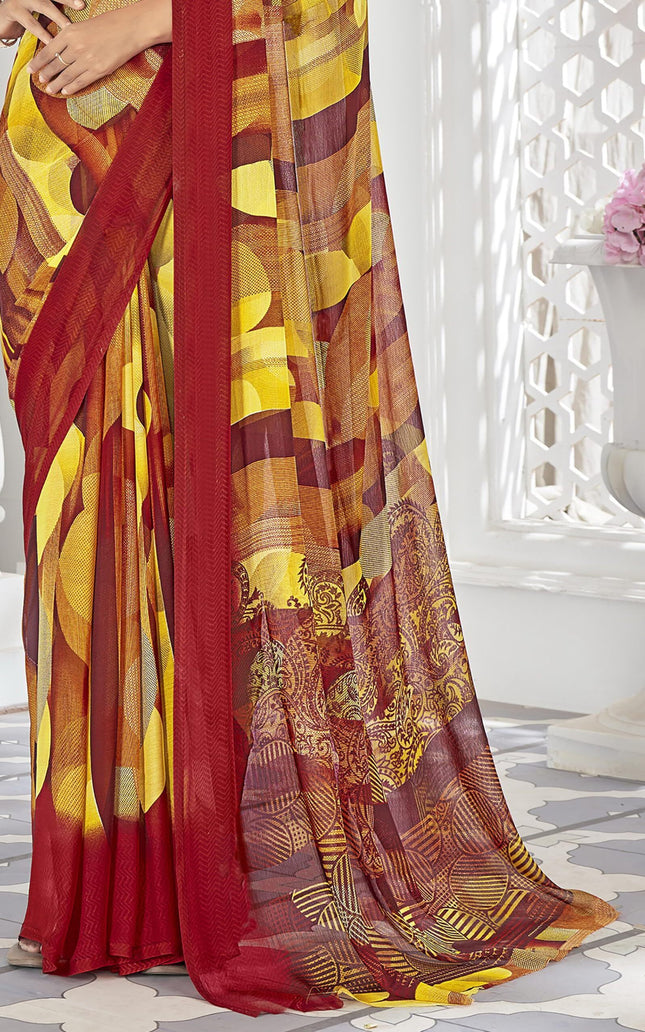 Digital Print, Geometric Print, Graphic Print Chanderi Chiffon, Georgette Saree (Red, Yellow)