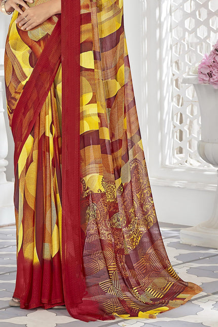 Digital Print, Geometric Print, Graphic Print Chanderi Chiffon, Georgette Saree (Red, Yellow)