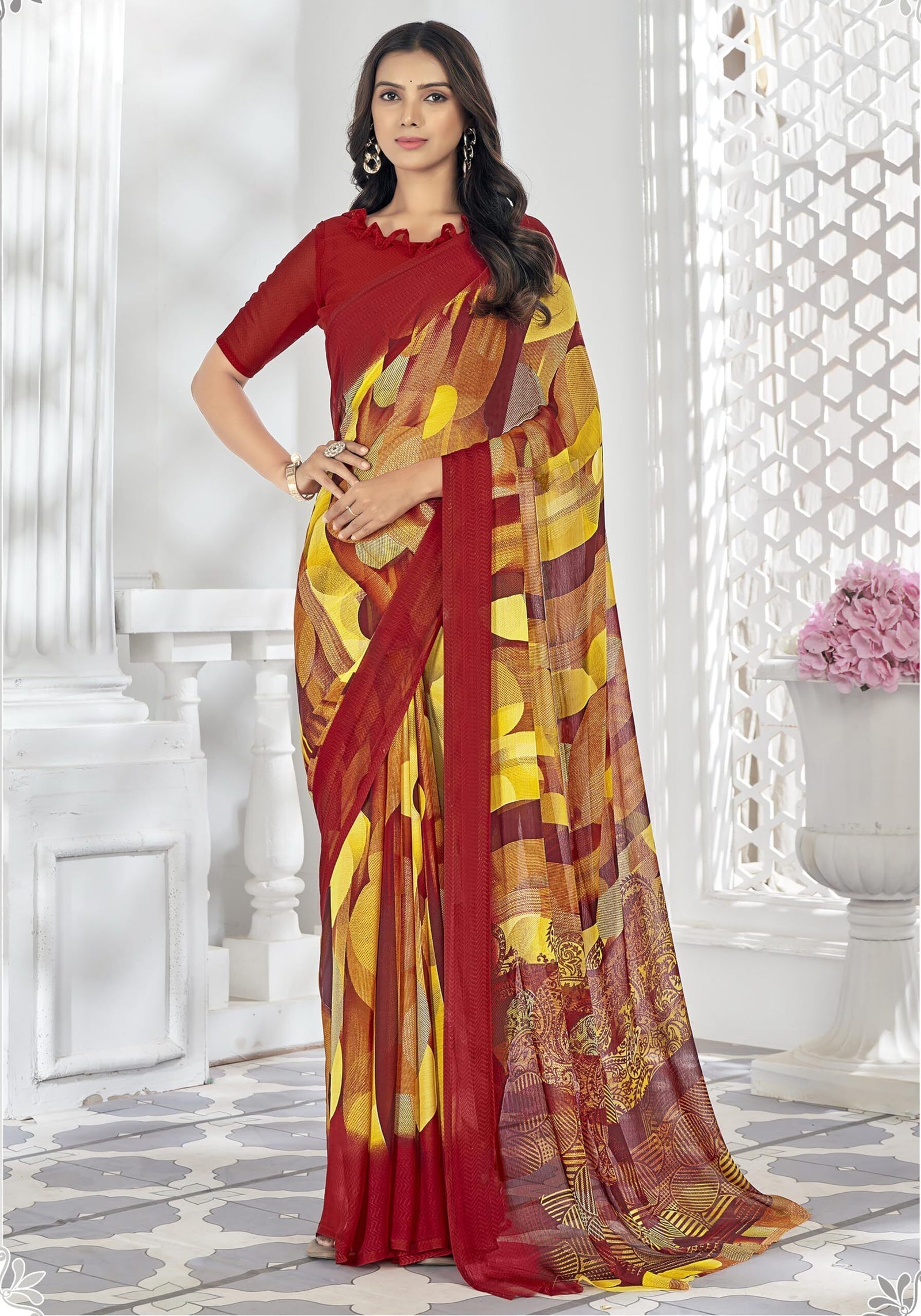 Geometric Print, Graphic Print Bollywood Chiffon Georgette Saree (Red & Yellow)