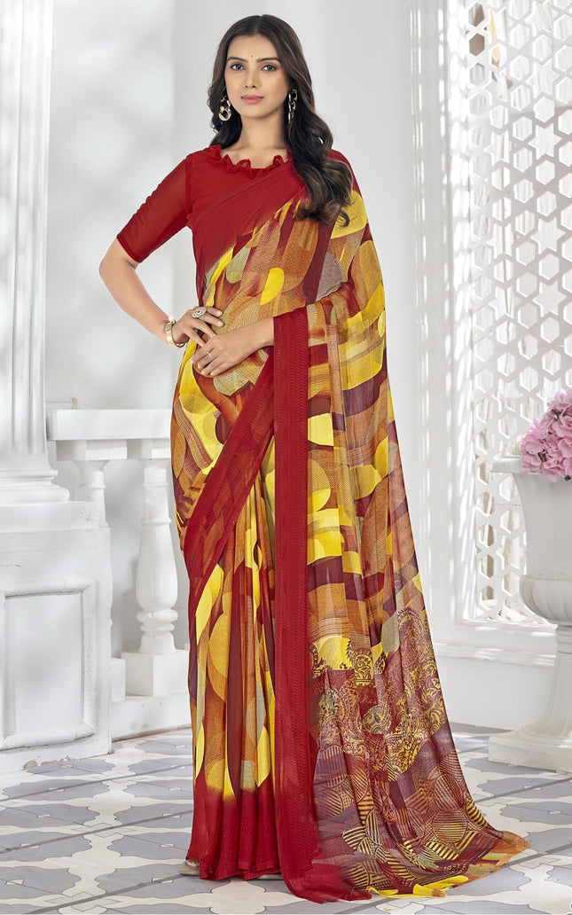 Digital Print, Geometric Print, Graphic Print Chanderi Chiffon, Georgette Saree (Red, Yellow)