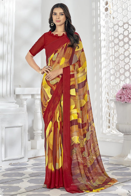 Digital Print, Geometric Print, Graphic Print Chanderi Chiffon, Georgette Saree (Red, Yellow)