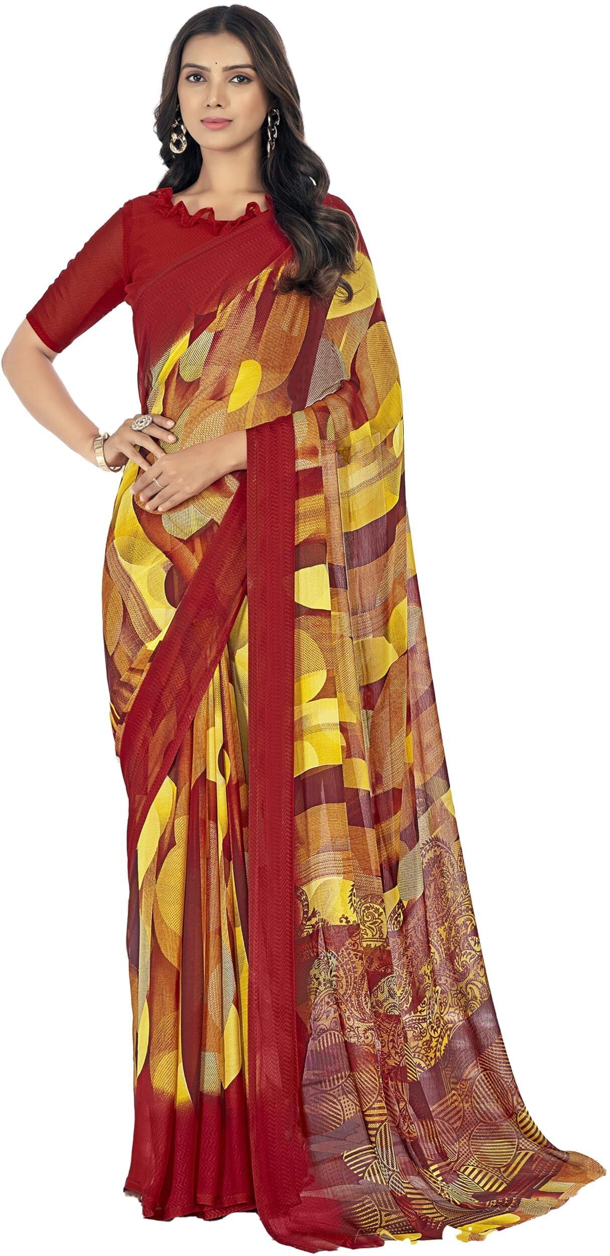 Geometric Print, Graphic Print Bollywood Chiffon Georgette Saree (Red & Yellow)