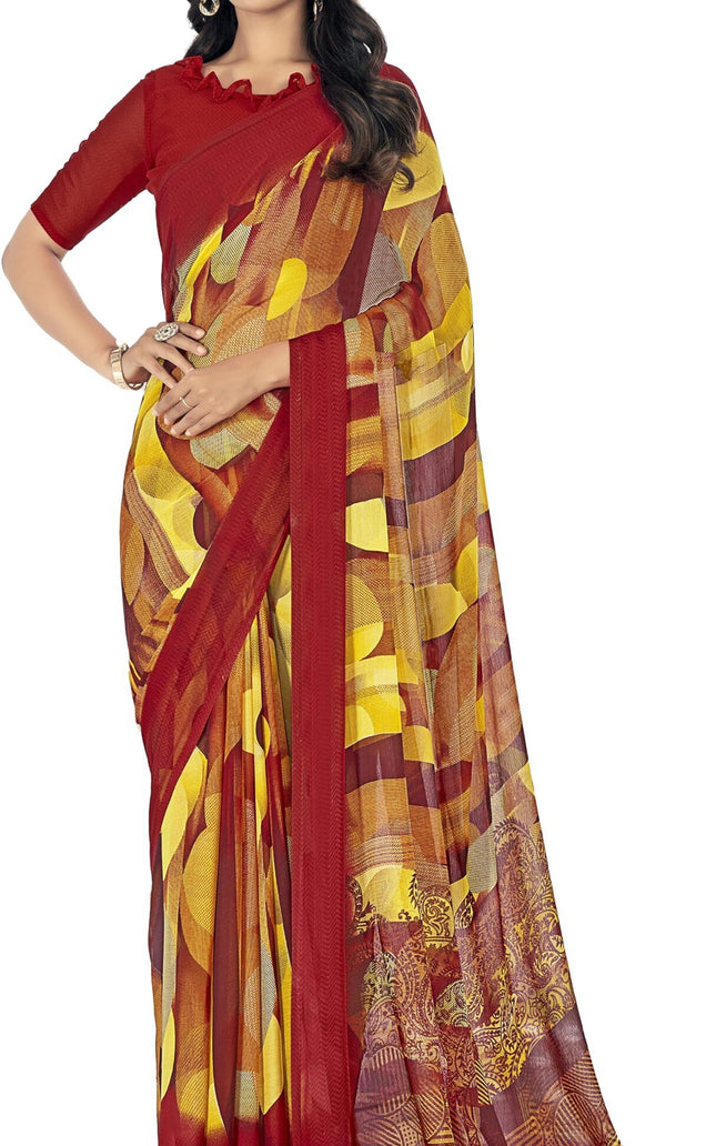 Digital Print, Geometric Print, Graphic Print Chanderi Chiffon, Georgette Saree (Red, Yellow)
