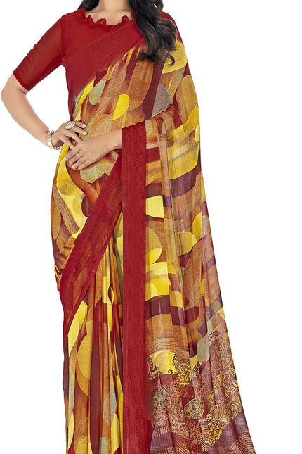 Digital Print, Geometric Print, Graphic Print Chanderi Chiffon, Georgette Saree (Red, Yellow)