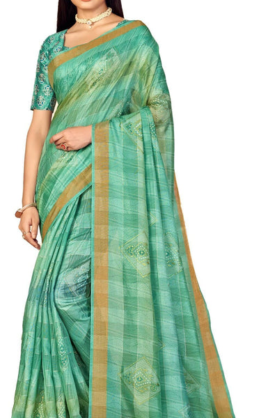 Checkered, Color Block Bollywood Chanderi, Cotton Silk Saree (Green)