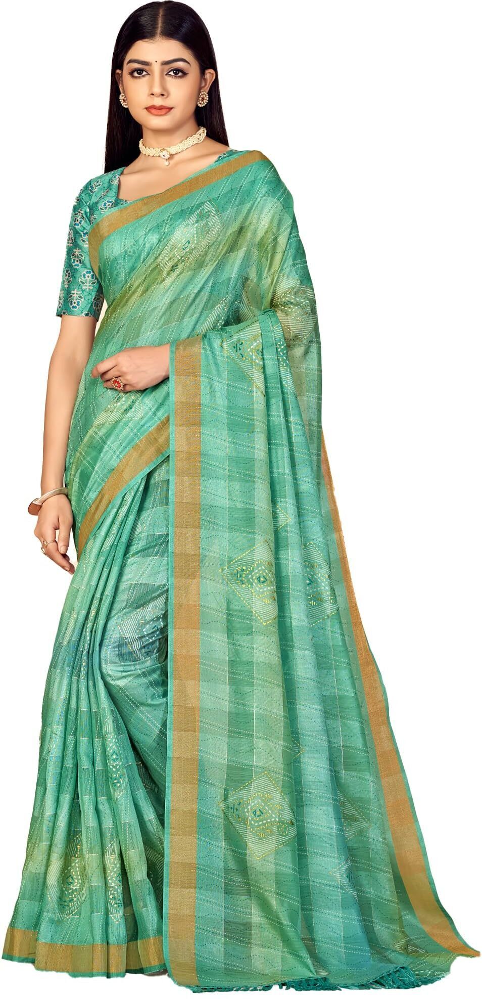 Checkered Shaded Saree with Zari Border and Soft Cotton (Sea Green)