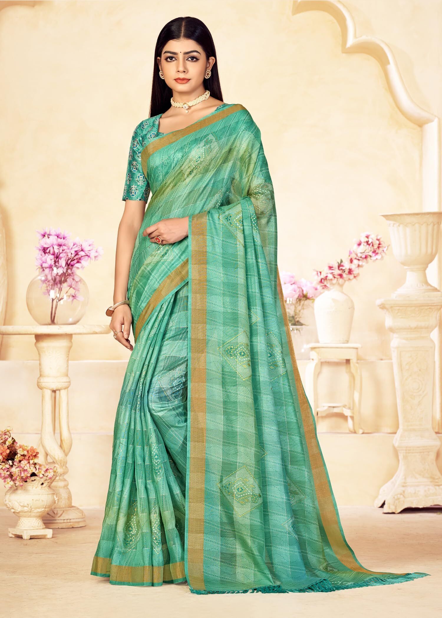 Checkered Shaded Saree with Zari Border and Soft Cotton (Sea Green)