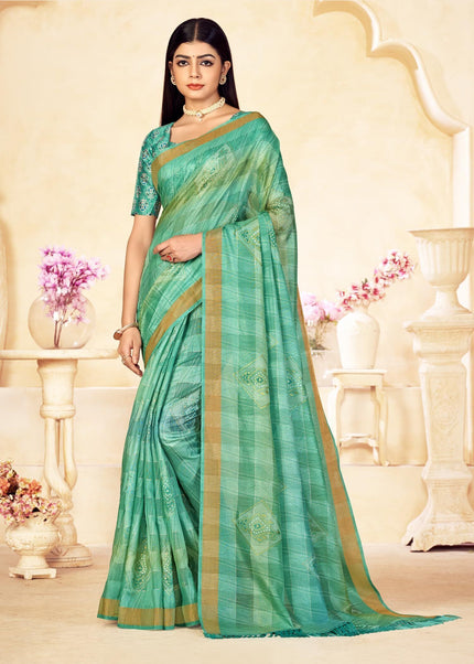 Checkered Shaded Saree with Zari Border and Soft Cotton (Sea Green)