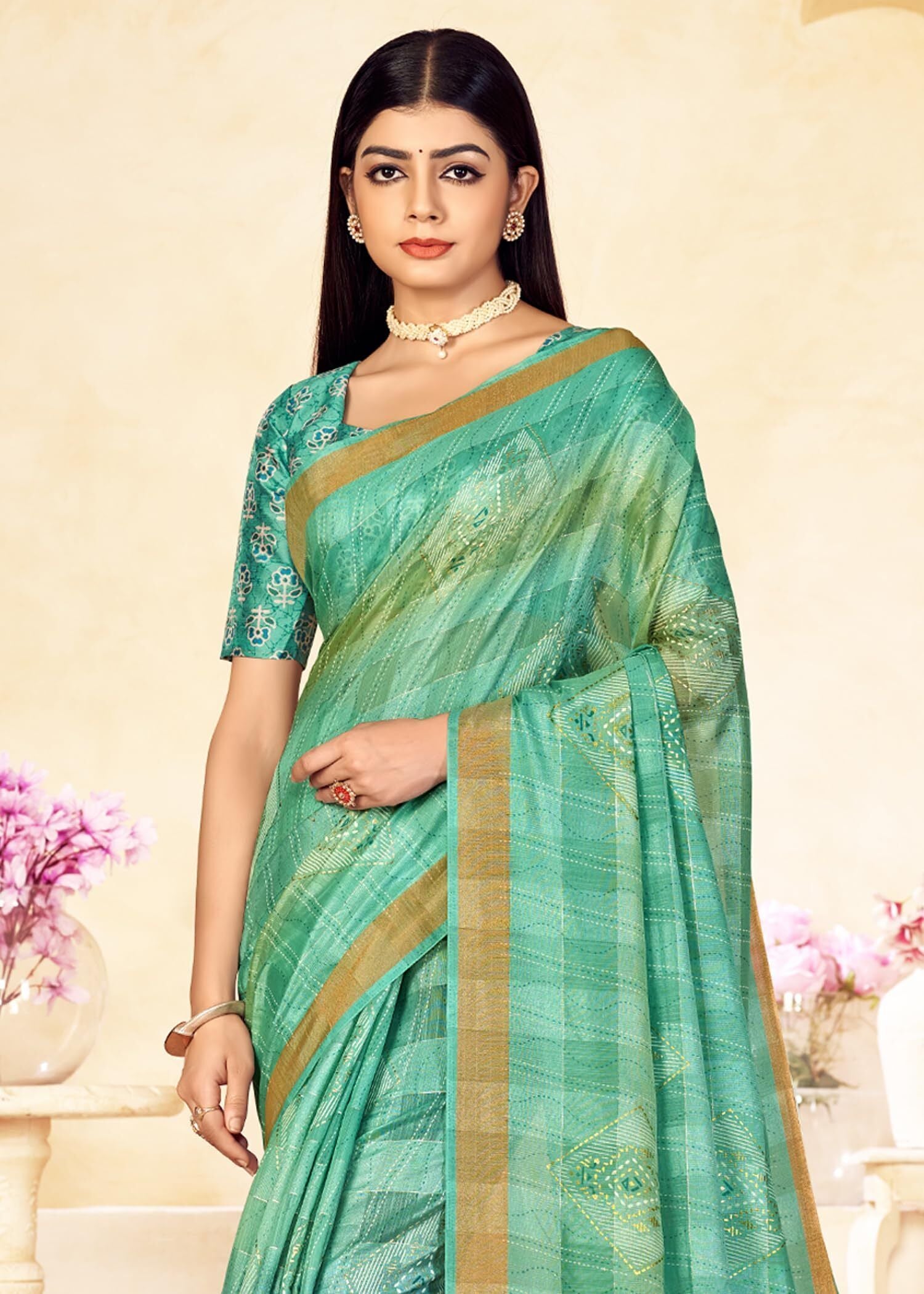 Checkered Shaded Saree with Zari Border and Soft Cotton (Sea Green)