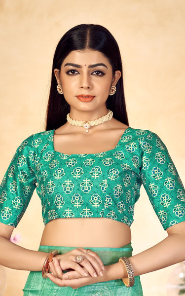 Checkered, Color Block Bollywood Chanderi, Cotton Silk Saree (Green)