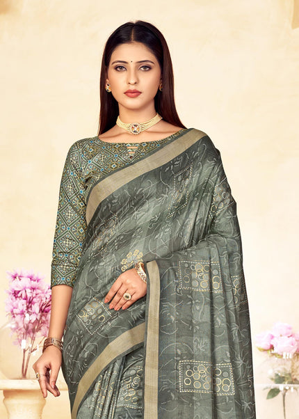 Checkered, Color Block Bollywood Chanderi, Cotton Silk Saree (Green)