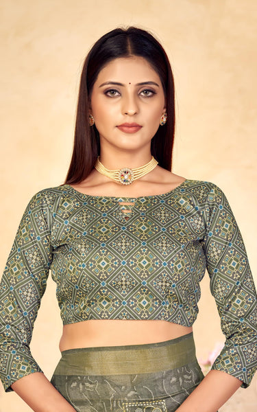 Checkered, Color Block Bollywood Chanderi, Cotton Silk Saree (Green)