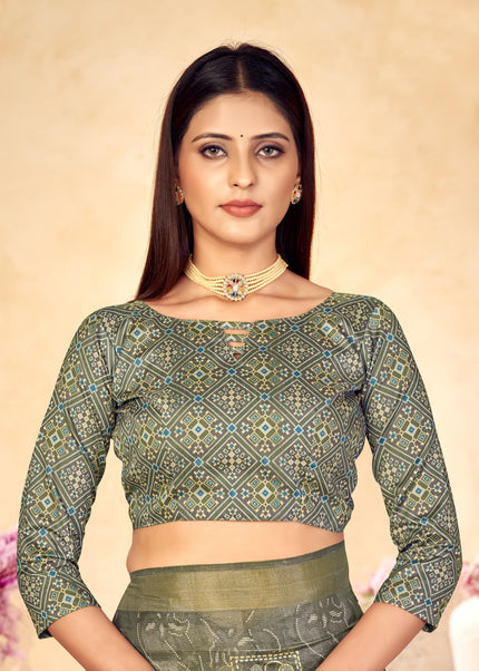 Checkered, Color Block Bollywood Chanderi, Cotton Silk Saree (Green)