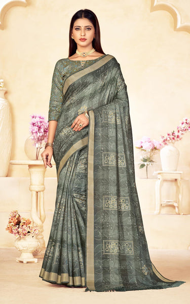 Checkered, Color Block Bollywood Chanderi, Cotton Silk Saree (Green)