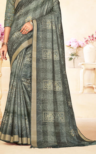 Checkered, Color Block Bollywood Chanderi, Cotton Silk Saree (Green)