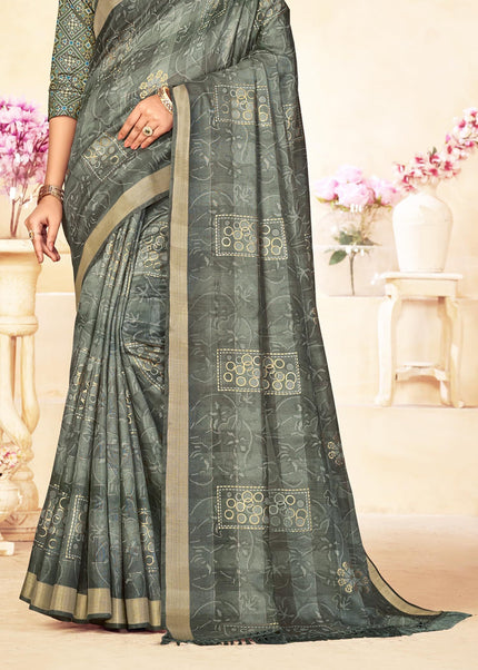Checkered, Color Block Bollywood Chanderi, Cotton Silk Saree (Green)