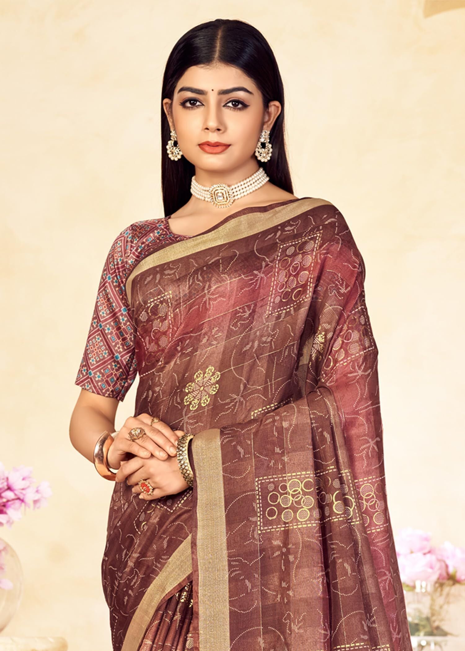 Checkered Bollywood Chanderi Cotton Silk Saree (Rusty Maroon)