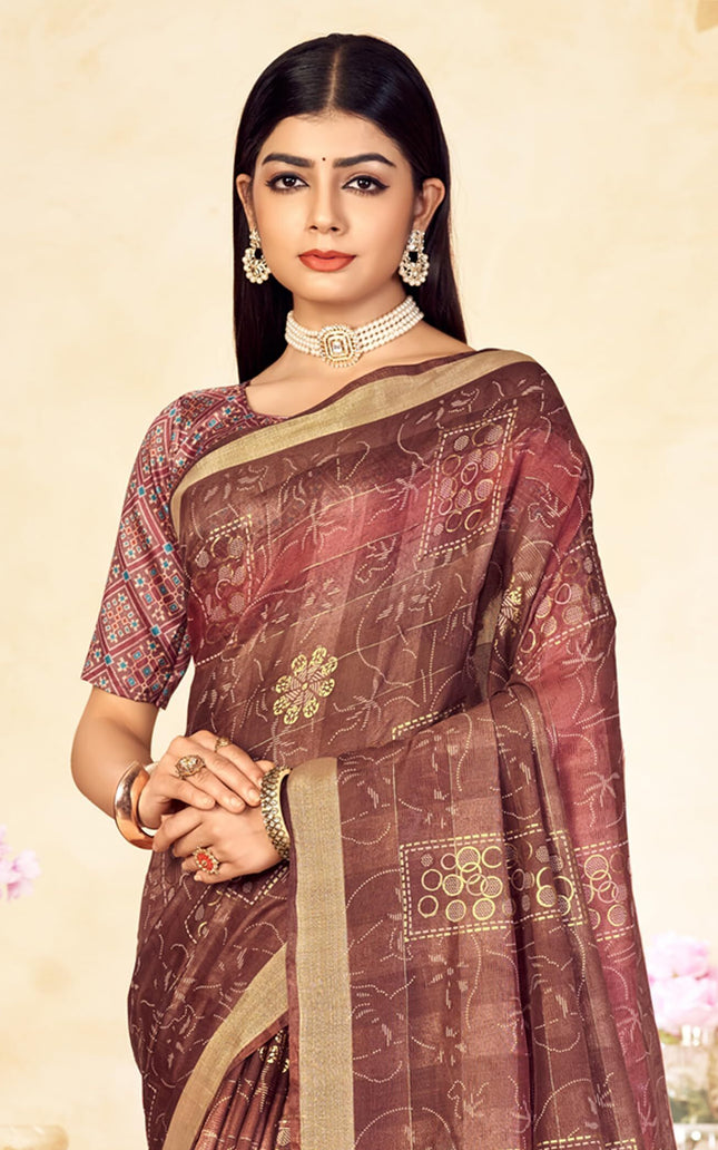 Checkered, Color Block Bollywood Chanderi, Cotton Silk Saree (Brown)