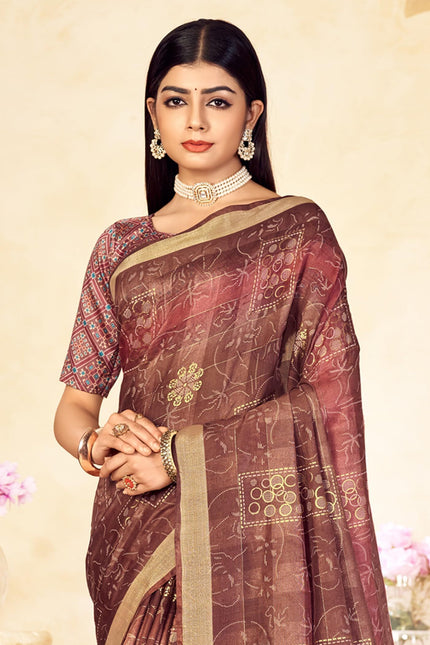 Checkered, Color Block Bollywood Chanderi, Cotton Silk Saree (Brown)