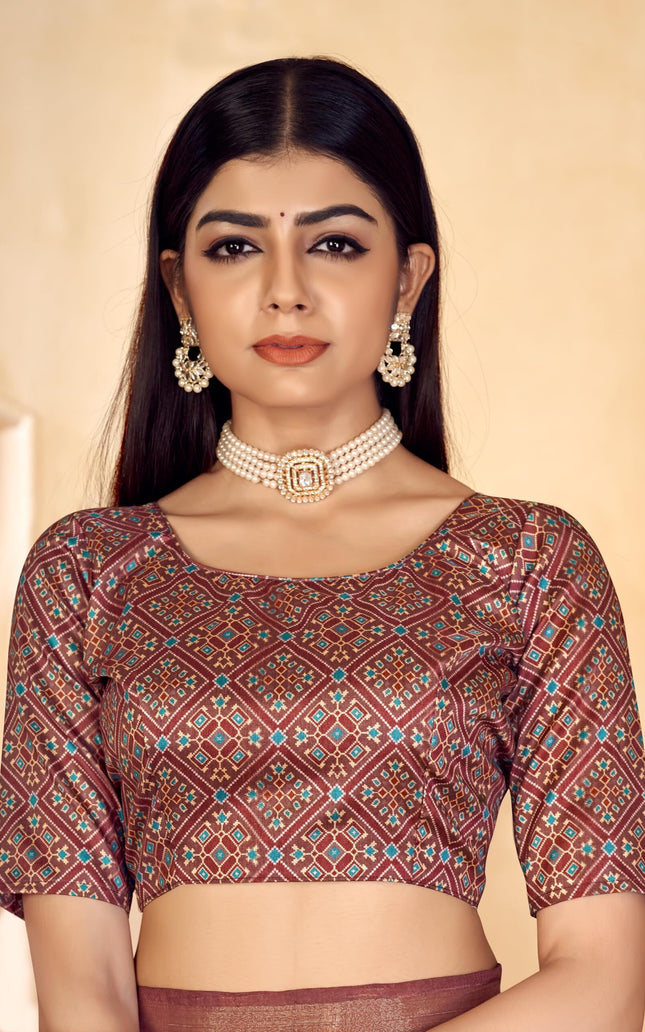 Checkered, Color Block Bollywood Chanderi, Cotton Silk Saree (Brown)