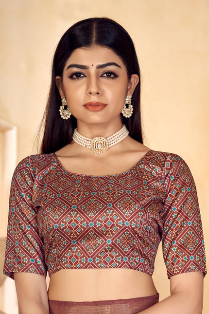 Checkered, Color Block Bollywood Chanderi, Cotton Silk Saree (Brown)