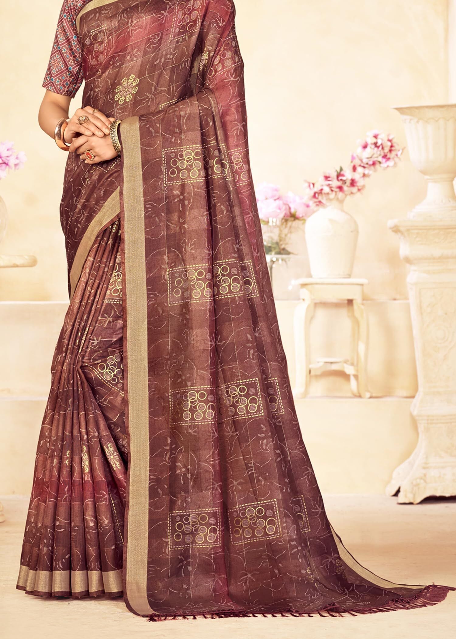 Checkered Bollywood Chanderi Cotton Silk Saree (Rusty Maroon)