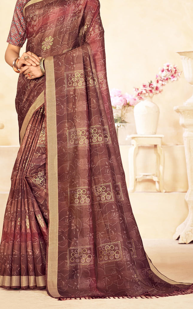 Checkered, Color Block Bollywood Chanderi, Cotton Silk Saree (Brown)