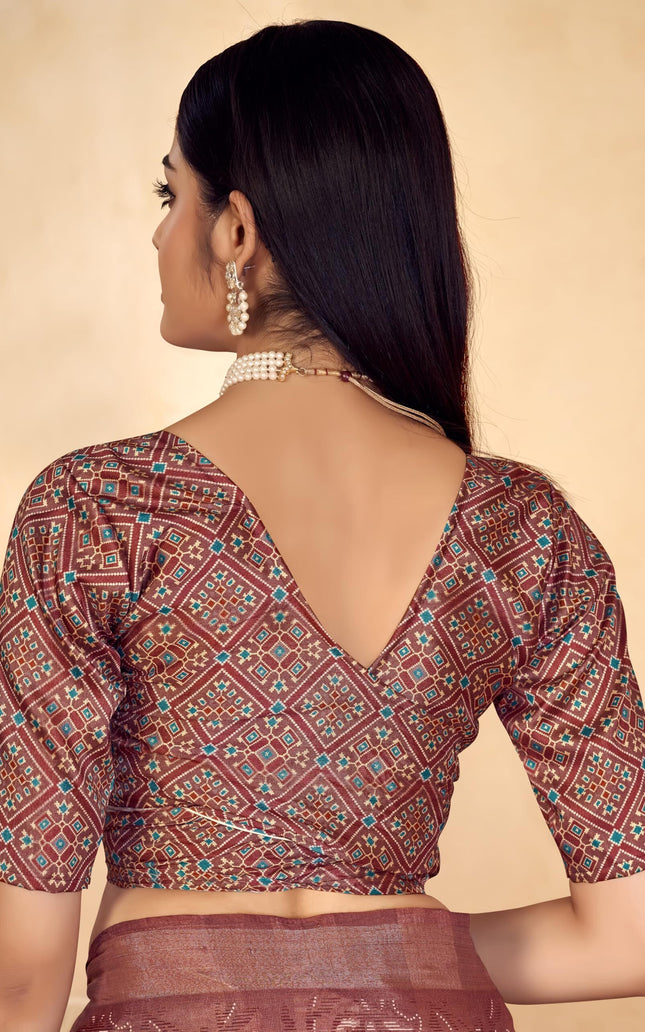 Checkered, Color Block Bollywood Chanderi, Cotton Silk Saree (Brown)