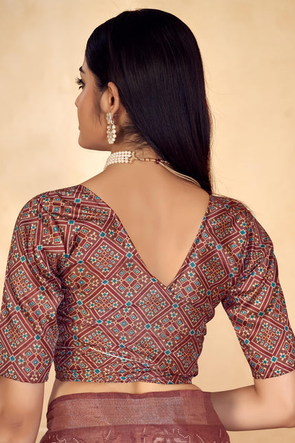 Checkered, Color Block Bollywood Chanderi, Cotton Silk Saree (Brown)