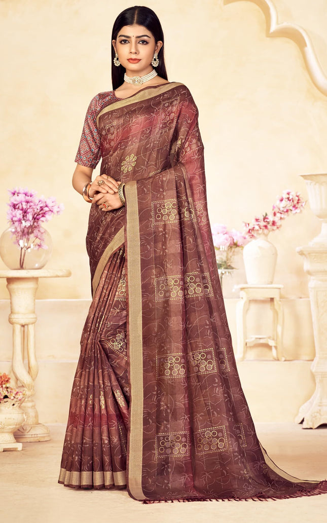 Checkered, Color Block Bollywood Chanderi, Cotton Silk Saree (Brown)