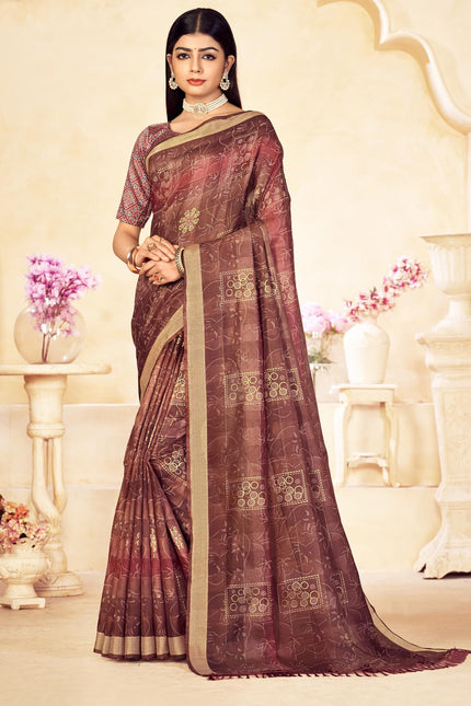 Checkered, Color Block Bollywood Chanderi, Cotton Silk Saree (Brown)