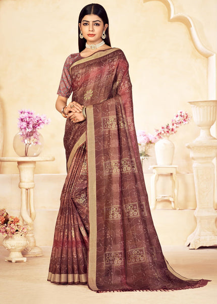 Checkered, Color Block Bollywood Chanderi, Cotton Silk Saree (Brown)