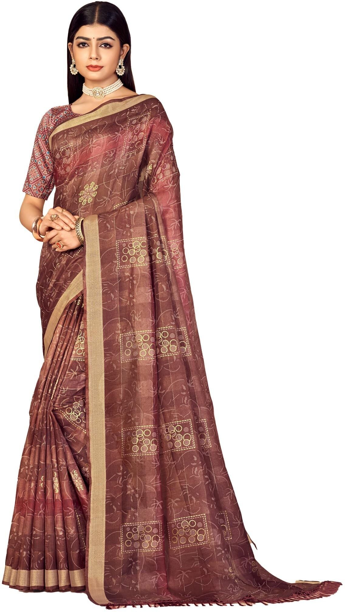 Checkered Bollywood Chanderi Cotton Silk Saree (Rusty Maroon)