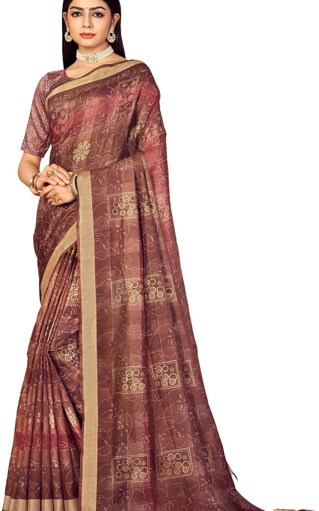 Checkered, Color Block Bollywood Chanderi, Cotton Silk Saree (Brown)