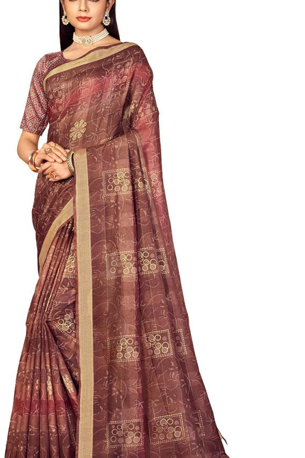 Checkered, Color Block Bollywood Chanderi, Cotton Silk Saree (Brown)