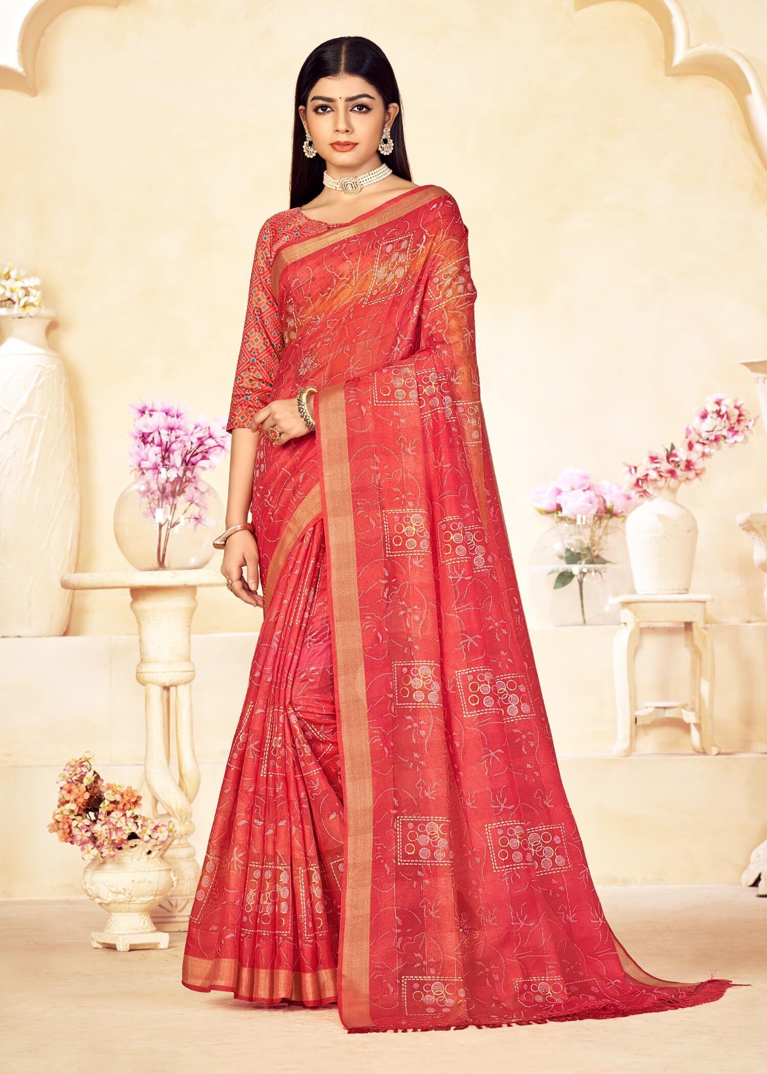Shaded Saree with Zari Border and Soft Cotton (Scarlet Red)