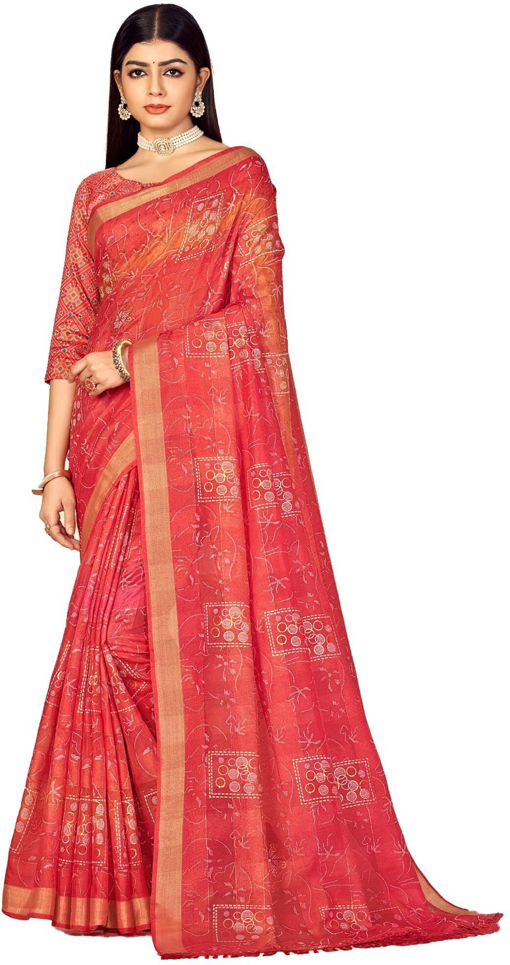 Shaded Saree with Zari Border and Soft Cotton (Scarlet Red)