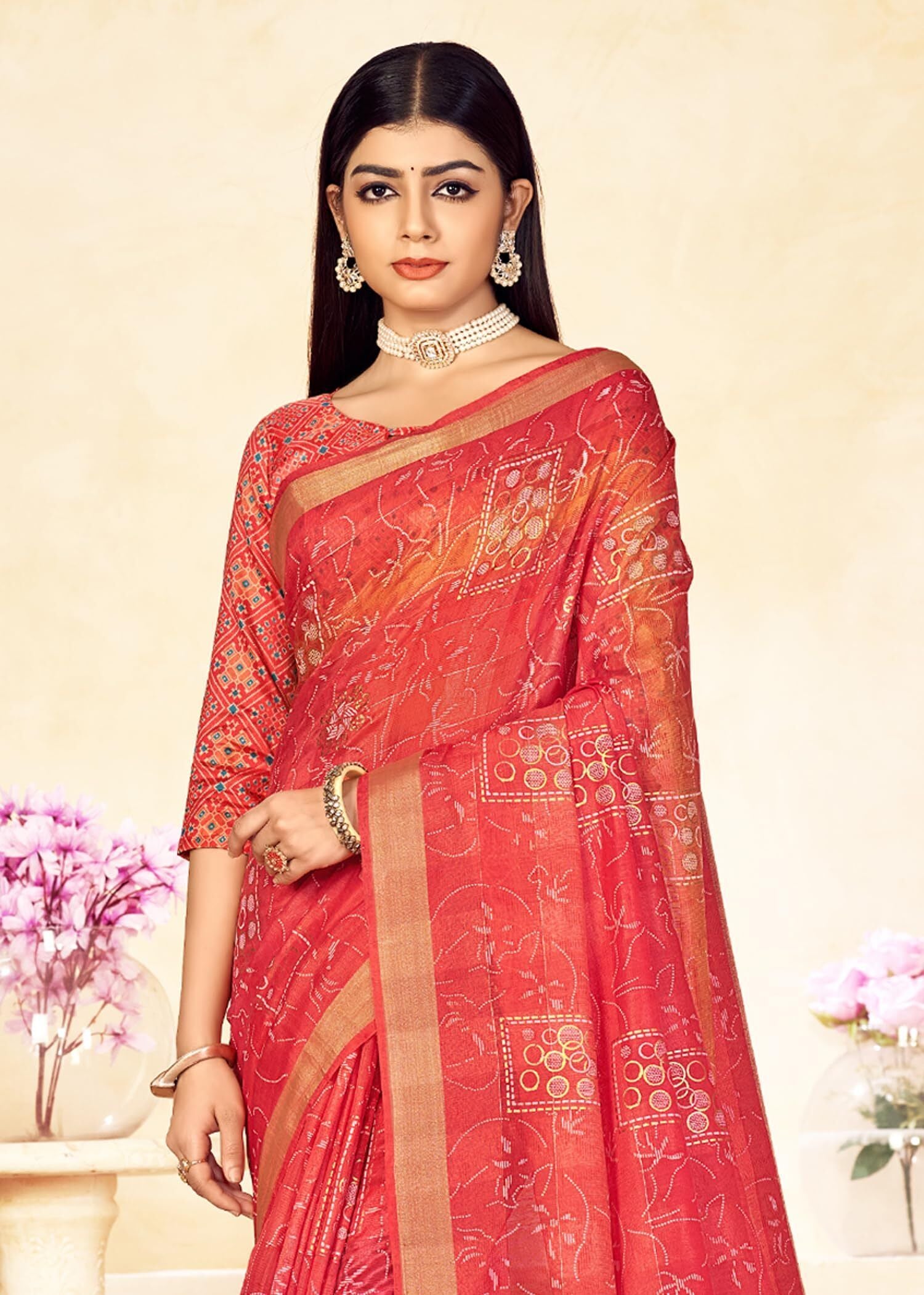 Shaded Saree with Zari Border and Soft Cotton (Scarlet Red)