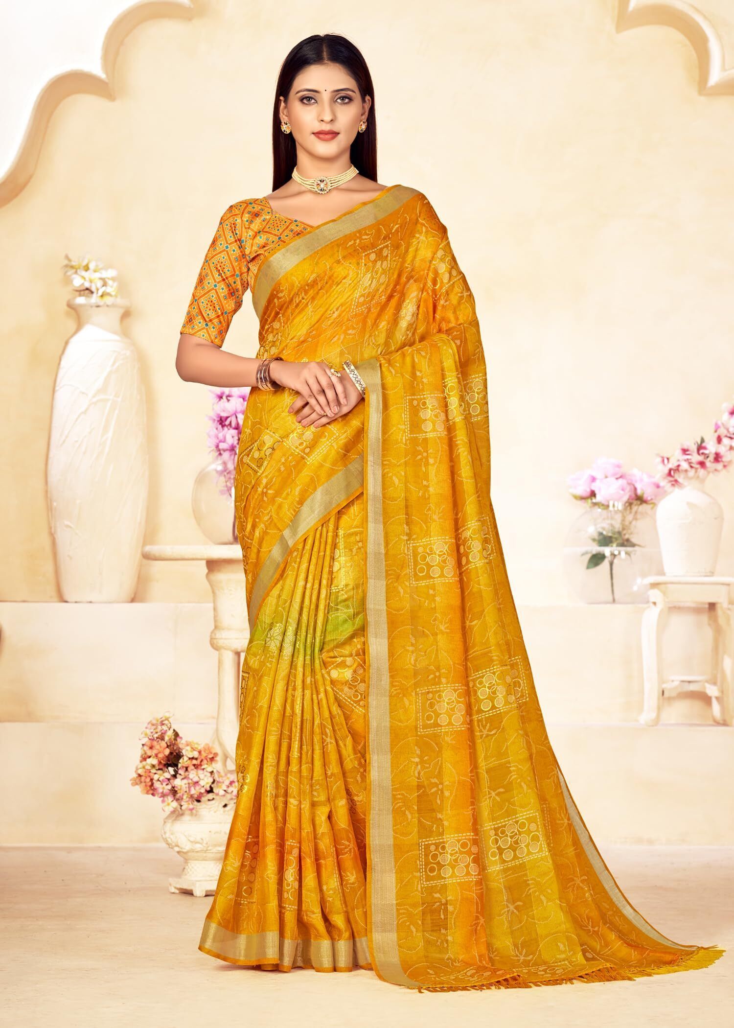 Shaded Saree with Zari Border and Soft Cotton (Yellowish Orange)