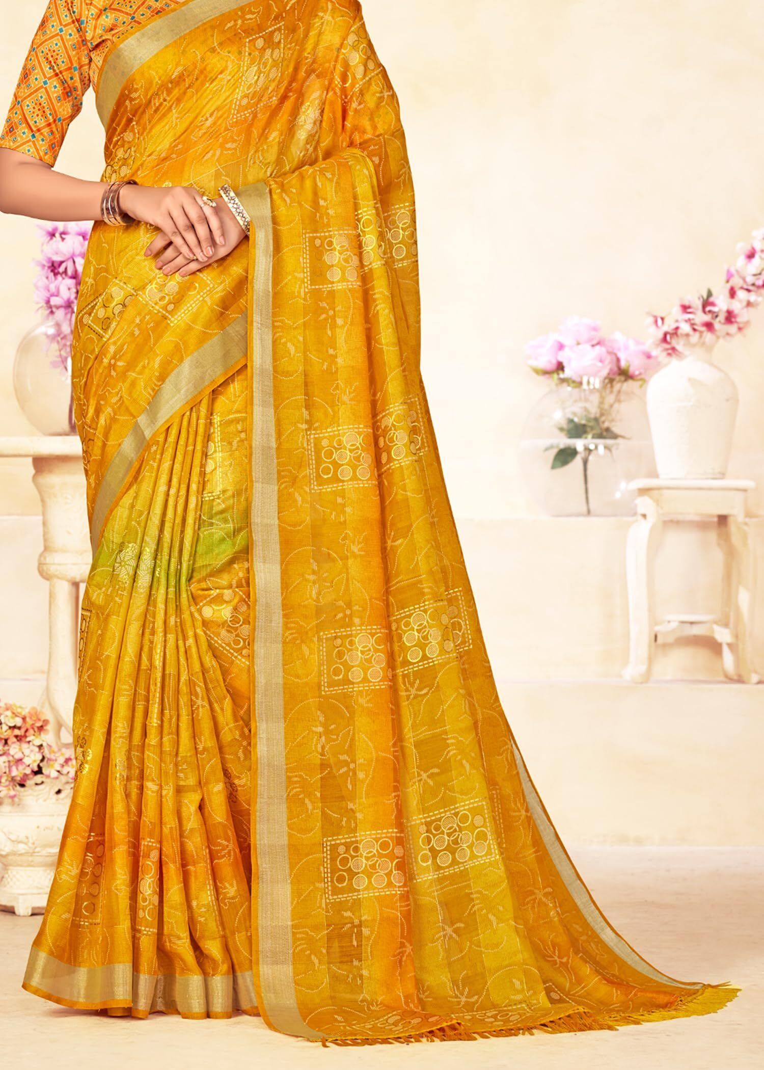 Shaded Saree with Zari Border and Soft Cotton (Yellowish Orange)