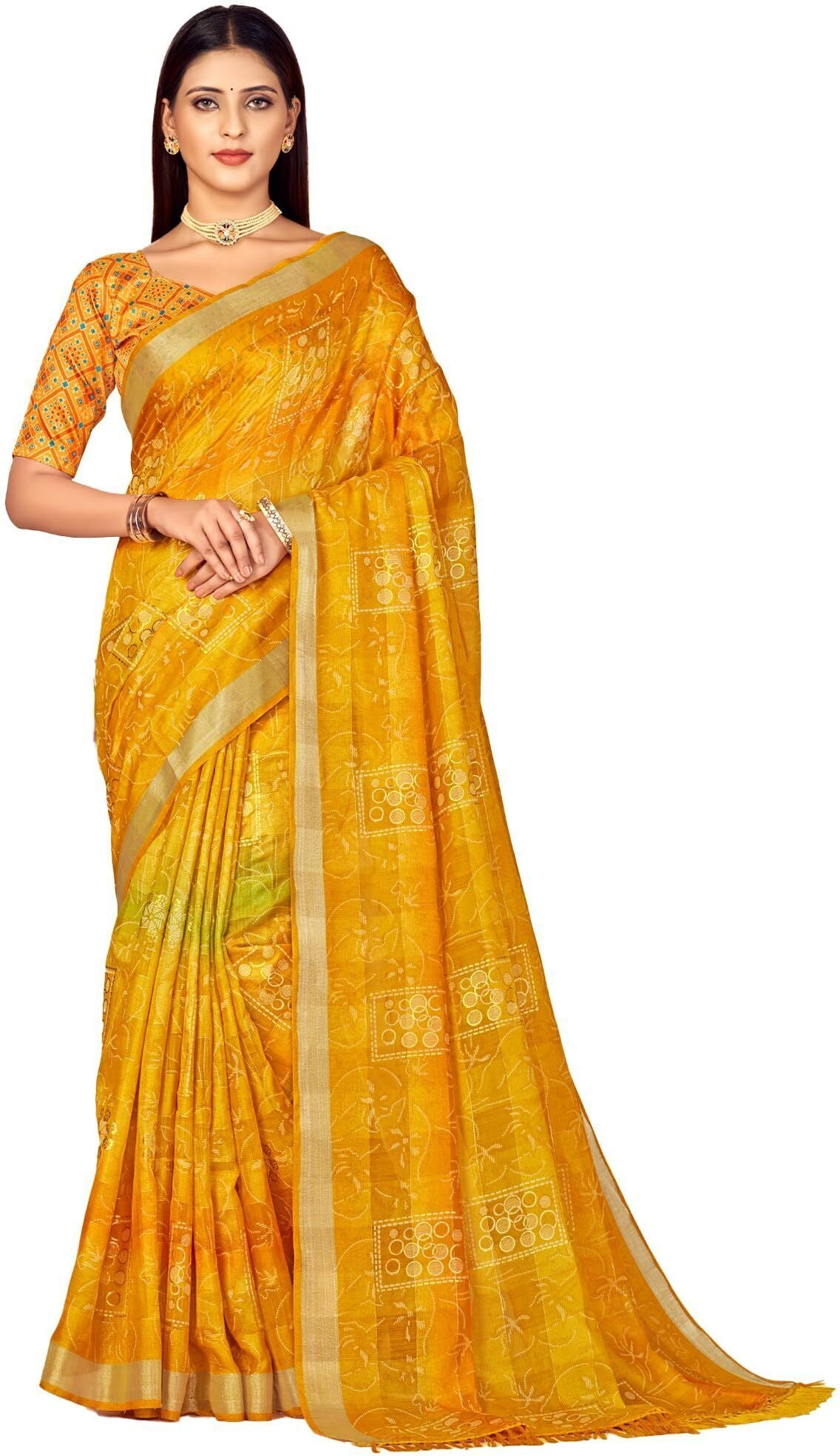 Shaded Saree with Zari Border and Soft Cotton (Yellowish Orange)