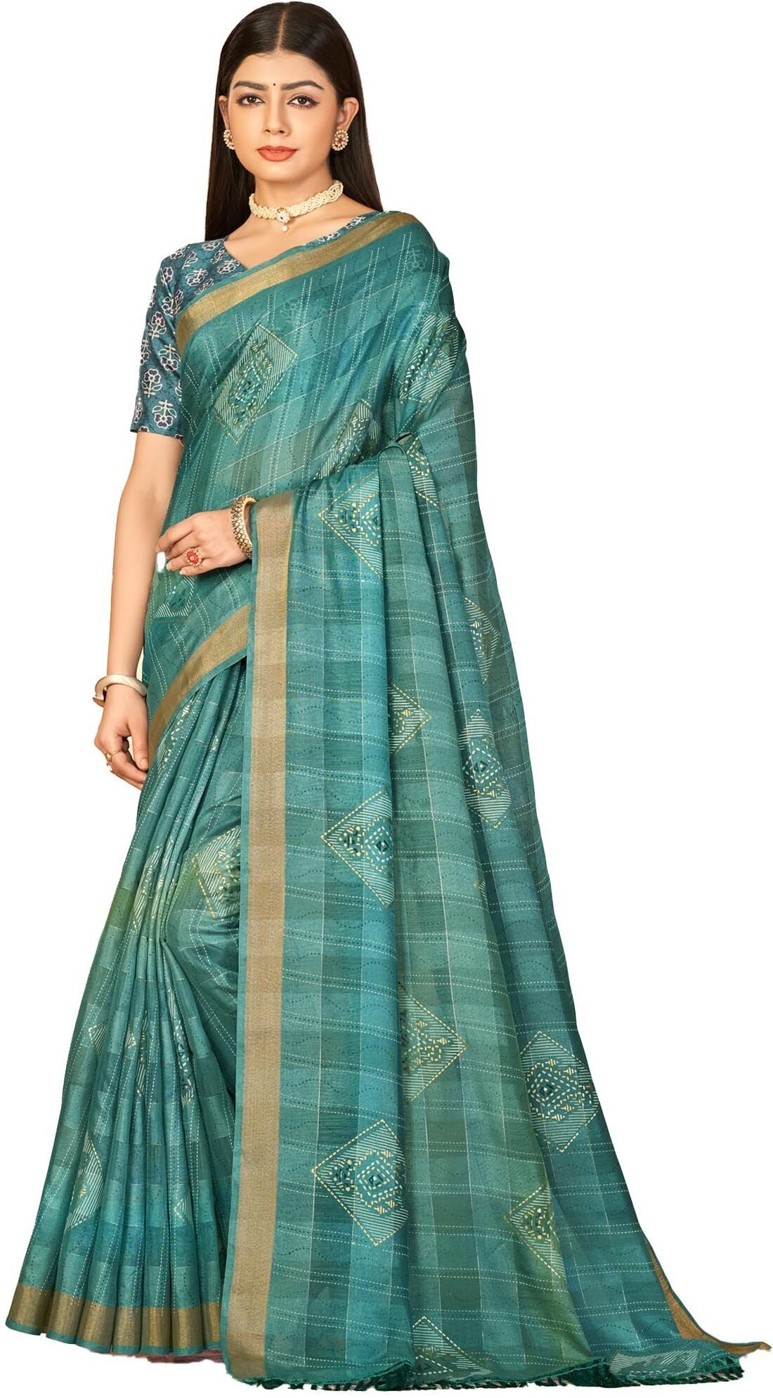 Checkered Shaded Saree with Zari Border and Soft Cotton (Blue)