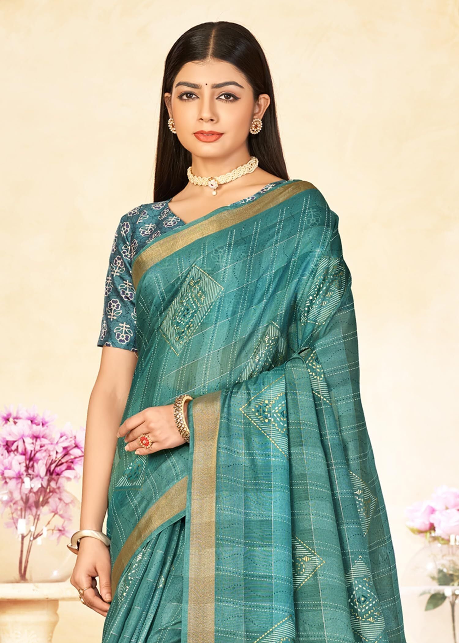 Checkered Shaded Saree with Zari Border and Soft Cotton (Blue)