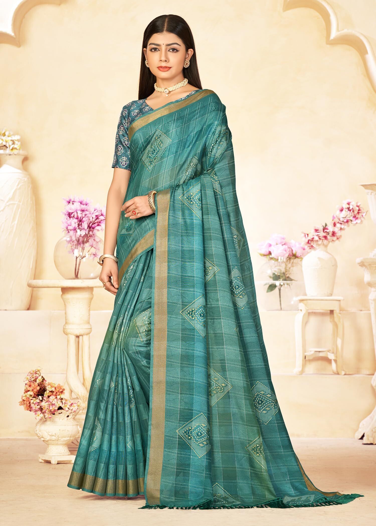 Checkered Shaded Saree with Zari Border and Soft Cotton (Blue)